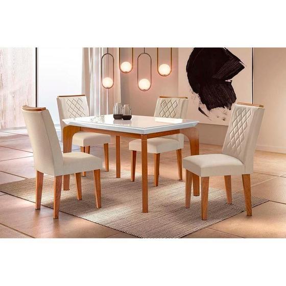 Imagem de Conjunto: Mesa de Cozinha Londrina Tampo Madeirado c/ Vidro 120x80cm e 4 Cadeiras Jade Capuccino/Suede Creme - Rufato