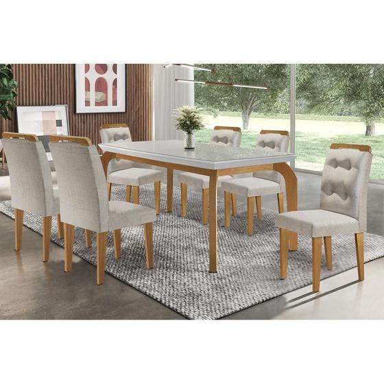 Imagem de Conjunto: Mesa de Cozinha Londrina Tampo Madeirado c/ Vidro 180x90cm e 6 Cadeiras Imperatriz Capuccino/Suede Creme - Rufato