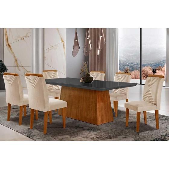 Imagem de Conjunto: Mesa de Cozinha Luna Tampo Madeirado c/ Vidro Reto 180x90 e 6 Cadeiras Amsterdã Imbuia/Suede Creme - Rufato