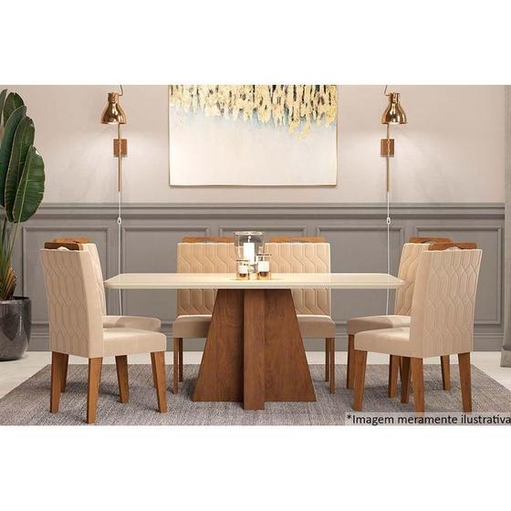 Imagem de Conjunto: Mesa de Cozinha Maitê c/ Tampo Madeirado c/ Vidro Canto Curvo 160x80cm e 6 Cadeiras Paola Savana-Nature/Off White-Suede Nude Bege - Cimol