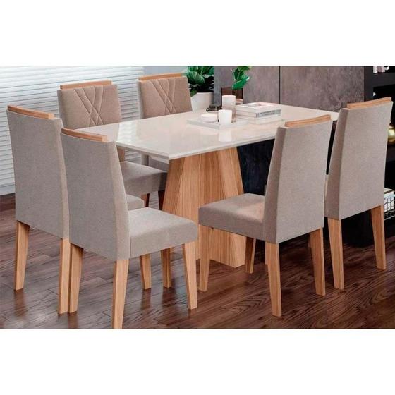 Imagem de Conjunto: Mesa de Cozinha Maitê Tampo Madeirado c/ Vidro Canto Curvo 160X80cm e 6 Cadeiras Nicole Nature-Madeirado/Suede Nude - Cimol