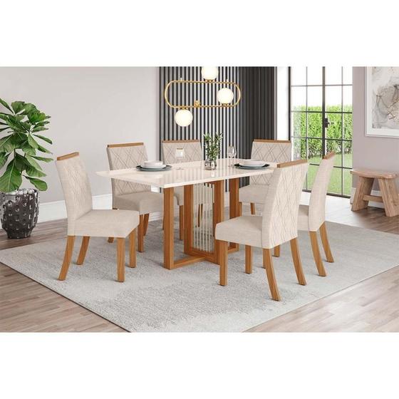 Imagem de Conjunto: Mesa de Cozinha Natalí c/ Tampo Madeirado c/ Vidro Reto 160x90cm e 6 Cadeiras Vita Nature/Linho - Henn