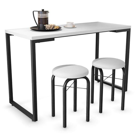 Imagem de Conjunto Mesa de Cozinha Prattica Industrial 120cm com 2 Banquetas F02 Branco - Mpozenato