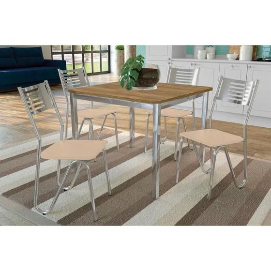 Imagem de Conjunto: Mesa de Cozinha Reno c/ Tampo de Madeira 90cm e 4 Cadeiras Nápoles Cromada/Nude 16 - Kappesberg