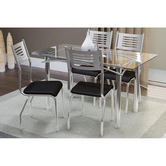 Imagem de Conjunto: Mesa de Cozinha Reno c/ Tampo de Vidro 150cm + 4 Cadeiras Nápoles 150 Cromada/Preto - Kappesberg