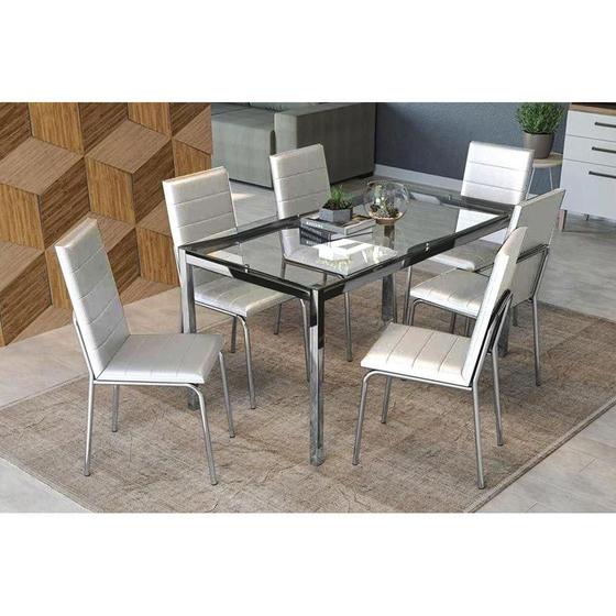 Imagem de Conjunto: Mesa de Cozinha Reno c/ Tampo de Vidro 150cm + 6 Cadeiras Amsterdã Cromada/Branco - Kappesberg