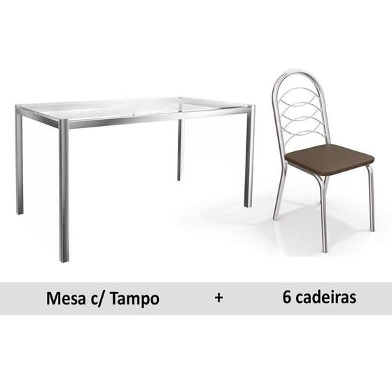 Imagem de Conjunto: Mesa de Cozinha Reno c/ Tampo de Vidro 150cm + 6 Cadeiras Holanda Cromado/Marrom - Kappesberg