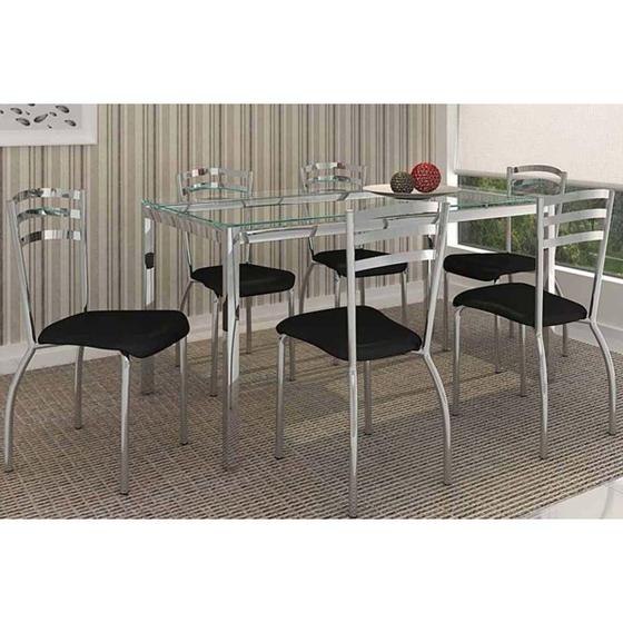 Conjunto: Mesa de Cozinha Reno c/ Tampo de Vidro 150cm + 6 Cadeiras Portugal Cromada/Preto - Kappesberg