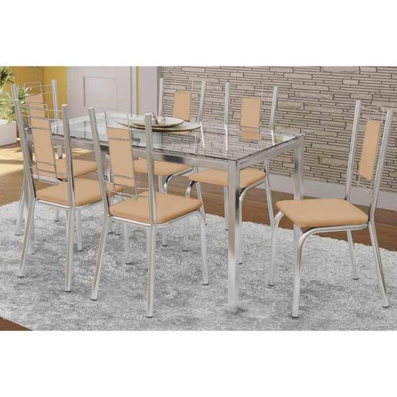 Imagem de Conjunto: Mesa de Cozinha Reno c/ Tampo Vidro 150cm + 6 Cadeiras Florença Cromada/Nude - Kappesberg
