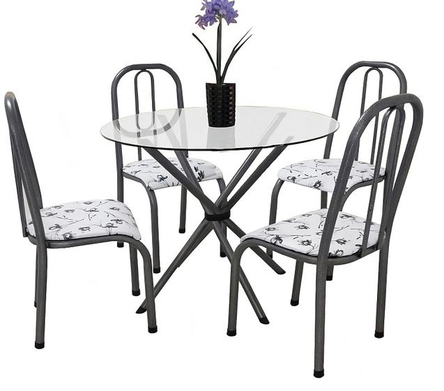 Imagem de Conjunto Mesa de cozinha Sala de Jantar M-QUE redonda 90cm Vidro incolor de 8mm + 4 cadeiras Bx reforçadas cor Craqueada cinza assento Floral branco U