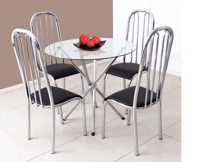 Imagem de Conjunto Mesa de cozinha Sala de Jantar Monik redonda 90cm Vidro com 8mm + 4 cadeiras altas Top CROMADA com assento Preto liso Ultimas unds no valor