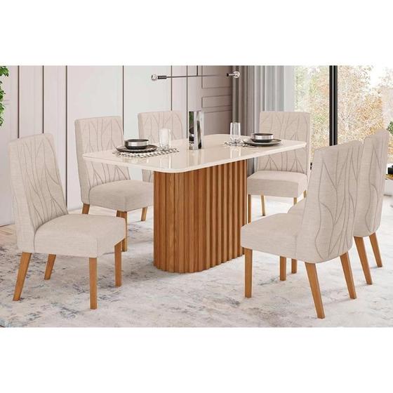 Imagem de Conjunto: Mesa de Cozinha Solana c/ Tampo Madeirado c/ Vidro Curvo 200x90cm e 8 Cadeiras Eloá Nature/Suede Light Linho - Henn