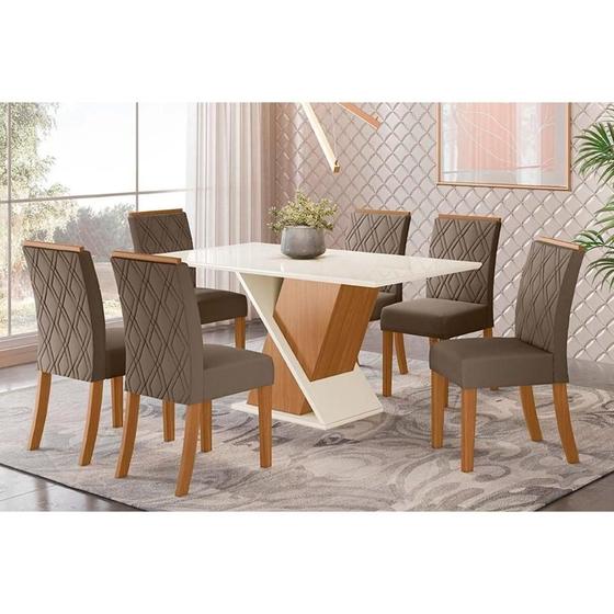 Imagem de Conjunto: Mesa de Cozinha Solus Tampo Madeirado c/ Vidro Canto Reto 160x90cm e 6 Cadeiras Vita Nature/Suede Light Bege - Henn