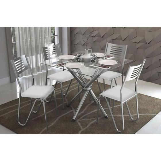Imagem de Conjunto: Mesa de Cozinha Volga c/ Tampo de Vidro 90cm+4 Cadeiras Nápoles Cromado/Branco - Kappesberg