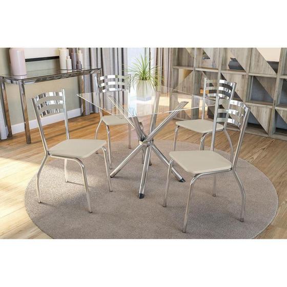 Imagem de Conjunto: Mesa de Cozinha Volga c/ Tampo de Vidro 90cm + 4 Cadeiras Portugal Cromada/Nude - Kappesberg