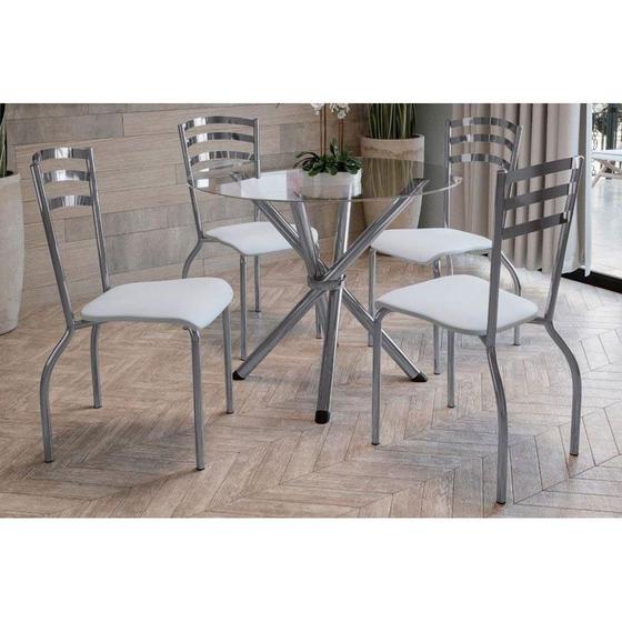 Imagem de Conjunto: Mesa de Cozinha Volga c/ Tampo Vidro 95cm + 4 Cadeiras Portugal Cromada/Branco - Kappesberg