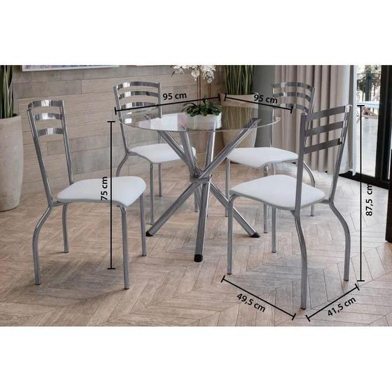 Imagem de Conjunto: Mesa de Cozinha Volga c/ Tampo Vidro 95cm + 4 Cadeiras Portugal Cromada/Branco - Kappesberg