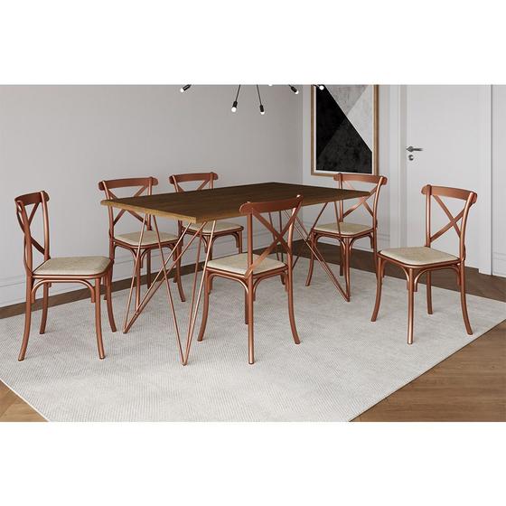 Imagem de Conjunto Mesa de Jantar 6 Cadeiras Katrina Cobre Trama Premium Cobre e Amêndoa 150 Cm