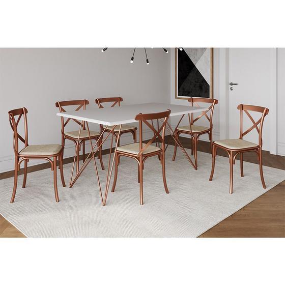 Imagem de Conjunto Mesa de Jantar 6 Cadeiras Katrina Cobre Trama Premium Cobre e Branco 150 Cm