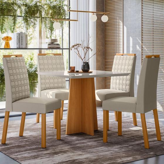Imagem de Conjunto Mesa de Jantar 90cm Anitta Tampo em Mdf com Vidro e 4 Cadeiras Mariah Ypê/Off White/Ja01 - New Ceval