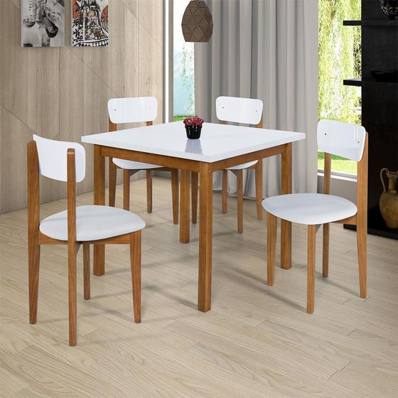 Imagem de Conjunto Mesa de Jantar Base Madeira Maciça com 4 Cadeiras Elisa para Apartamenteo 90x90 Branco