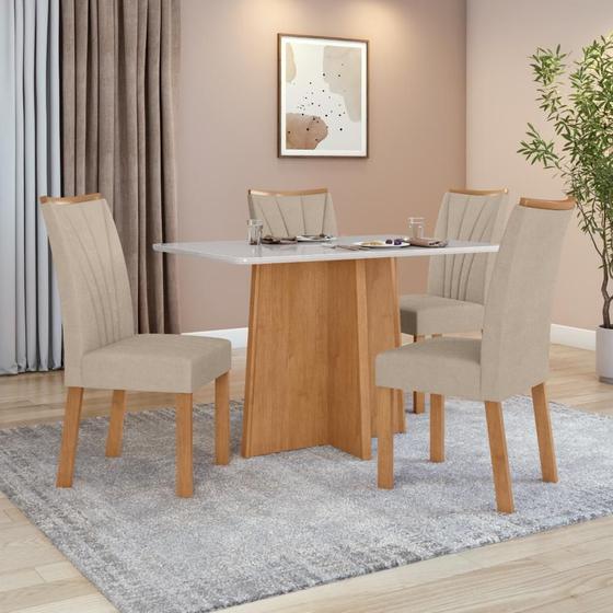 Imagem de Conjunto Mesa de Jantar Celebrare 1,20 c/ vidro e 4 cadeiras Apogeu Tecido Veludo Naturale Creme Amendoa Clean/off White