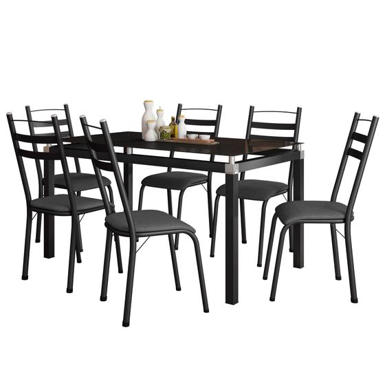 Imagem de Conjunto Mesa de Jantar com 6 Cadeiras 161 Malva Tampo Vidro 140cm SF Preto Assento Andorinha - Combo Stock