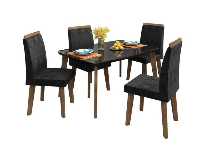 Imagem de Conjunto Mesa de Jantar de Cozinha JAD Pés e Cadeiras 100% Madeira Com Tampo MDF Com Vidro Sobreposto Estilo Retrô Cor Preto/Black Com Marrom