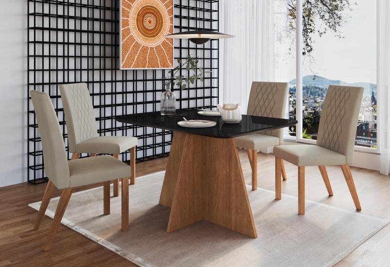 Imagem de Conjunto Mesa de Jantar Deli Tampo Vidro com 4 Cadeiras Madeira Maeve Canela/Preto/Creme Espresso Móveis