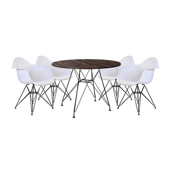 Imagem de Conjunto Mesa de Jantar Eames Eiffel Redonda 90cm Amêndoa com 4 Poltronas Pretas Ferro Preto
