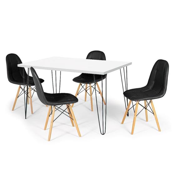 Imagem de Conjunto Mesa de Jantar Hairpin 130x80 Branca com 4 Cadeiras Eiffel Botonê - Preto