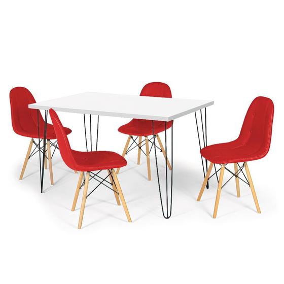 Imagem de Conjunto Mesa de Jantar Hairpin 130x80 Branca com 4 Cadeiras Eiffel Botonê - Vermelho