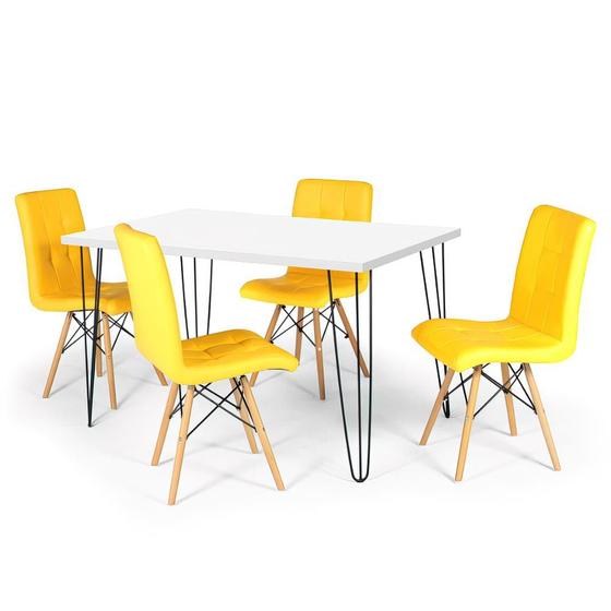 Imagem de Conjunto Mesa de Jantar Hairpin 130x80 Branca com 4 Cadeiras Eiffel Gomos - Amarelo