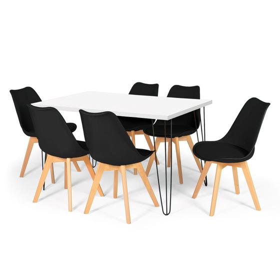 Imagem de Conjunto Mesa de Jantar Hairpin 130x80 Branca com 6 Cadeiras Eiffel Leda - Preto