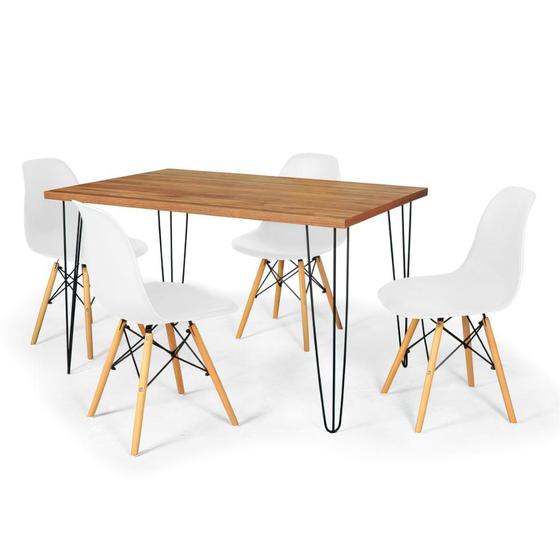 Imagem de Conjunto Mesa de Jantar Hairpin 130x80 Natural com 4 Cadeiras Eames Eiffel - Branco