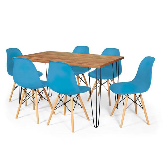 Imagem de Conjunto Mesa de Jantar Hairpin 130x80 Natural com 6 Cadeiras Eames Eiffel - Turquesa