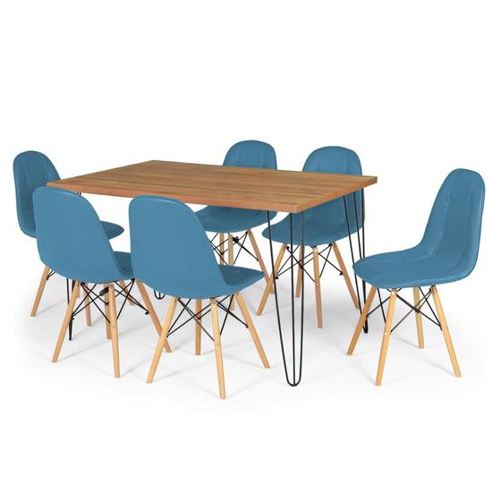 Imagem de Conjunto Mesa de Jantar Hairpin 130x80 Natural com 6 Cadeiras Eiffel Botonê - Turquesa