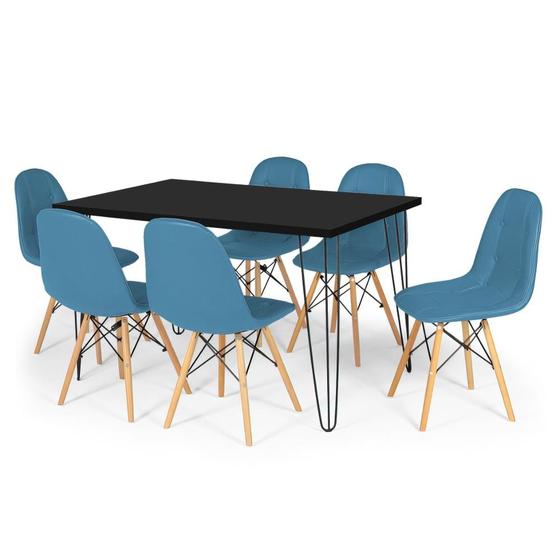 Imagem de Conjunto Mesa de Jantar Hairpin 130x80 Preta com 6 Cadeiras Eiffel Botonê - Turquesa