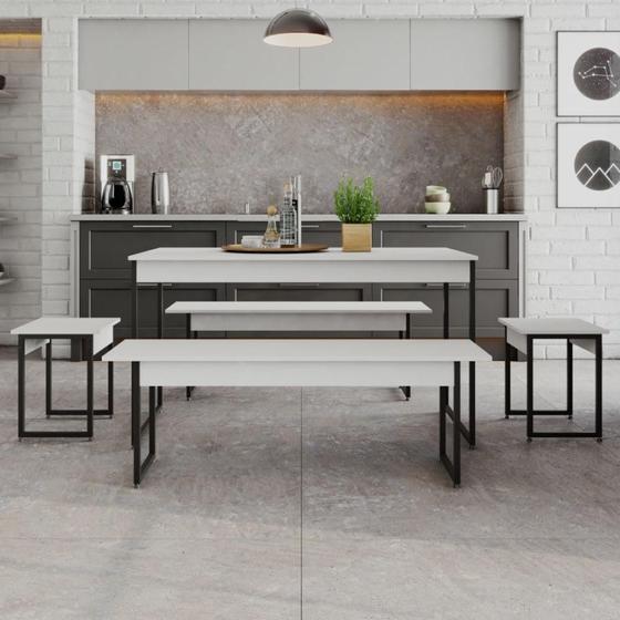 Imagem de Conjunto Mesa de Jantar Industrial com 2 Bancos/2 Banquetas - Branco/Preto