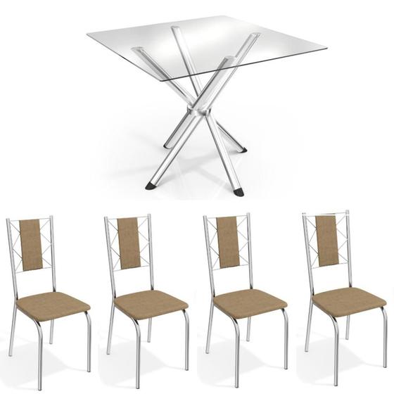 Imagem de Conjunto Mesa de Jantar Kappesberg Crome Tampo de Vidro 4 Cadeiras Cromado Capuccino