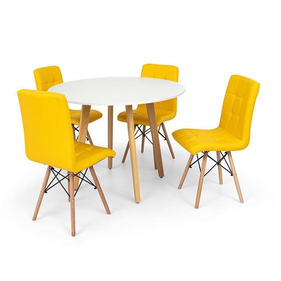 Imagem de Conjunto Mesa de Jantar Laura 100cm Branca com 4 Cadeiras Eiffel Gomos - Amarela