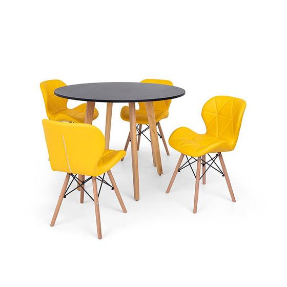Imagem de Conjunto Mesa de Jantar Laura 100cm Preta com 4 Cadeiras Eames Eiffel Slim - Amarela