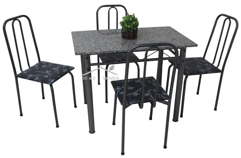 Imagem de Conjunto Mesa de Jantar Mad. 1.00m x 0.60m Cinza com assentos flor preta aço com 4 cadeiras + tampo granito verdadeiro Campeã de vendas
