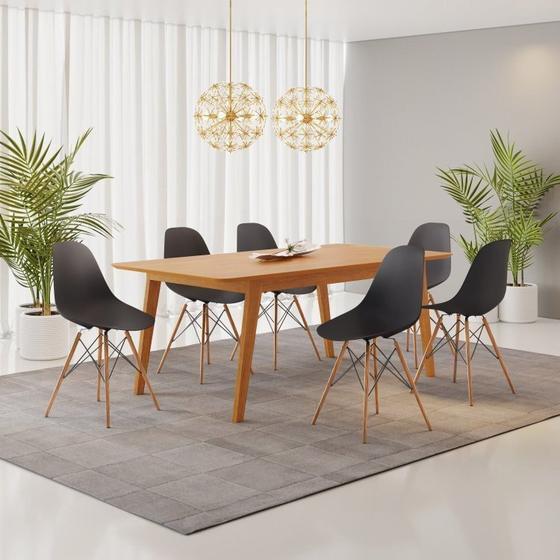 Imagem de Conjunto Mesa de Jantar Madeira Maciça Retangular com 6 Cadeiras Eames Cinamomo/Preto