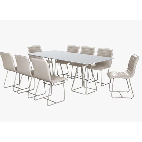 Conjunto Mesa de Jantar Milão Off White com 8 Cadeiras Cristal Couro Pérola Metal Champanhe - C&M Decor Imagem de Conjunto Mesa de Jantar Milão Off White com 8 Cadeiras Cristal Couro Pérola Metal Champanhe