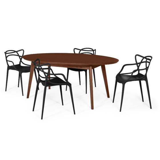 Imagem de Conjunto Mesa de Jantar Oval Vértice Nozes 190cm com 4 Cadeiras Allegra - Preto