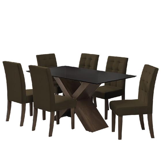 Imagem de Conjunto Mesa de Jantar Preto Dubai 1,60m MDF com 6 Cadeiras Castanho / Cacau