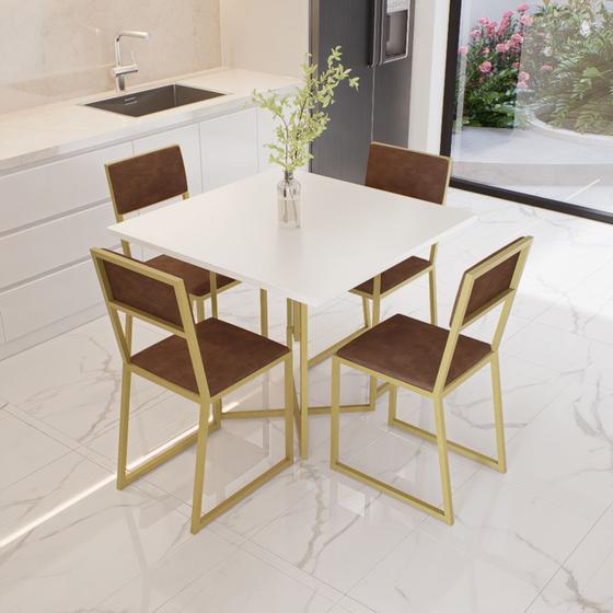 Imagem de Conjunto Mesa de Jantar Quadrada Branca 4 Cadeiras Estofado Riviera Industrial Dourado