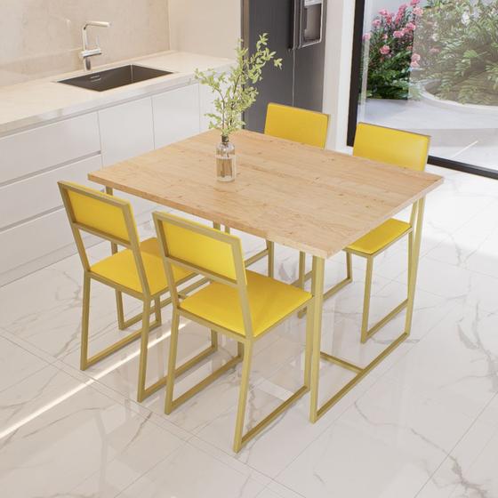 Imagem de Conjunto Mesa de Jantar Quadrada Pinus 4 Cadeiras Estofado Riviera Industrial Dourado