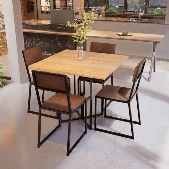Imagem de Conjunto Mesa de Jantar Quadrada Pinus 4 Cadeiras Estofado Riviera Industrial Preto